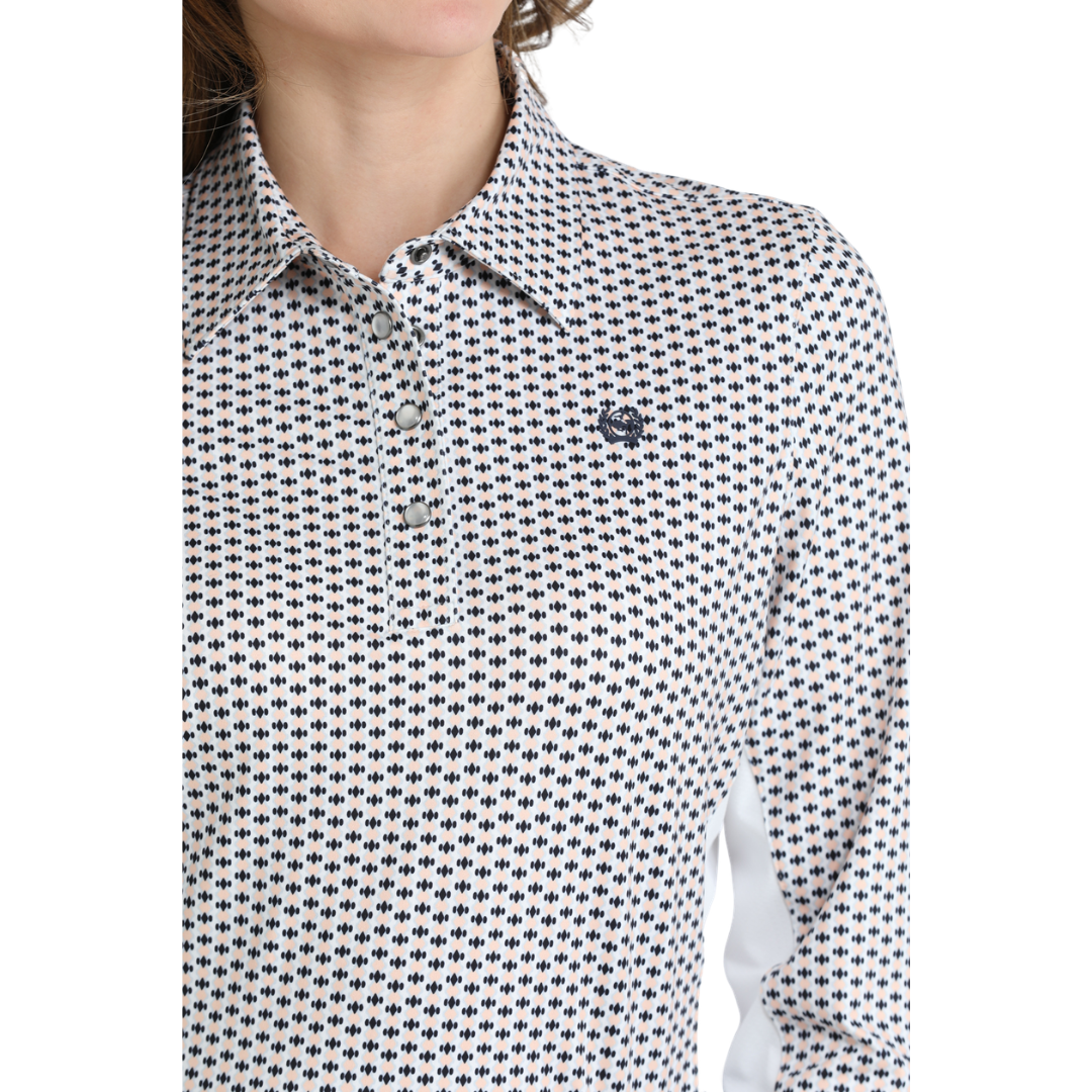 Cinch Ladies White Geometric Print Hybrid Snap Shirt MSK7917005