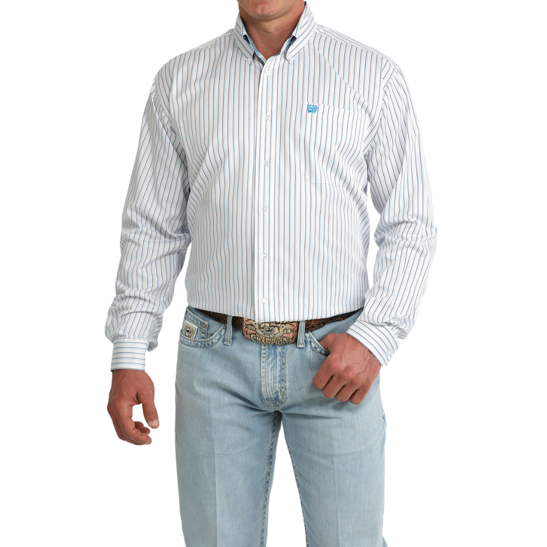 Cinch Men's White Stripe Print Button Down Shirt MTW1106085