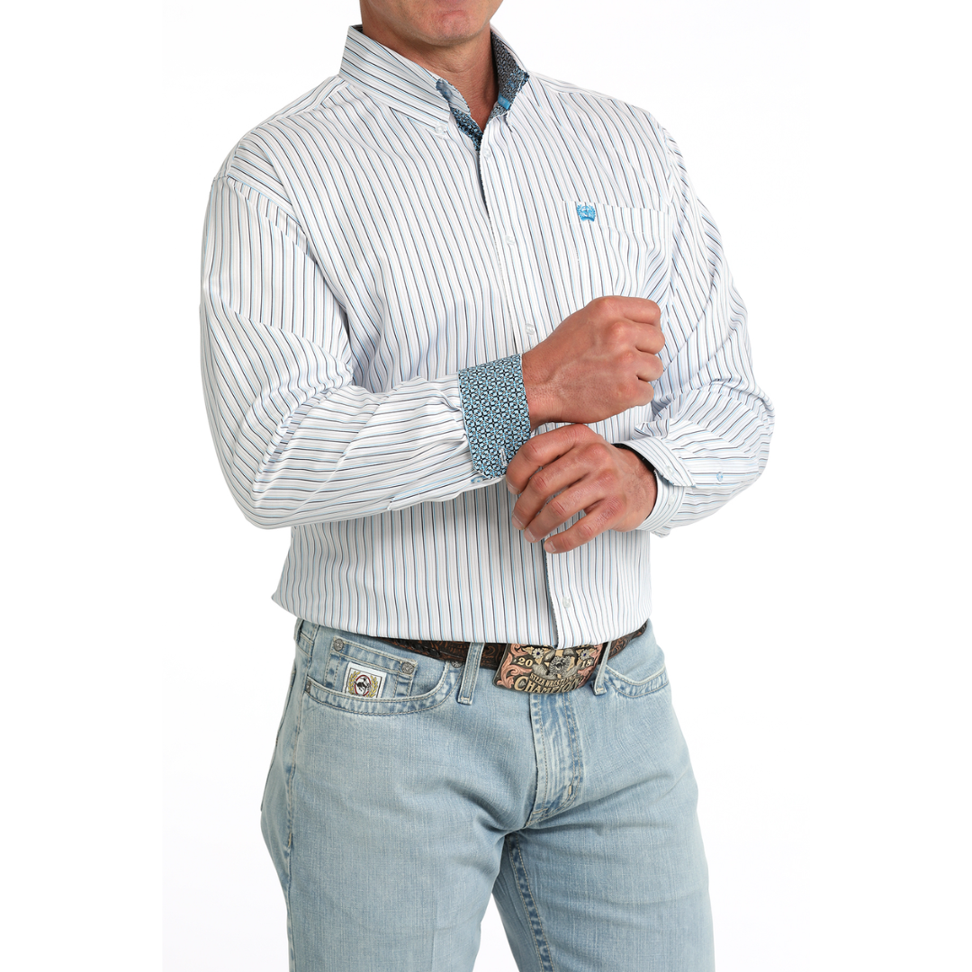 Cinch Men's White Stripe Print Button Down Shirt MTW1106085