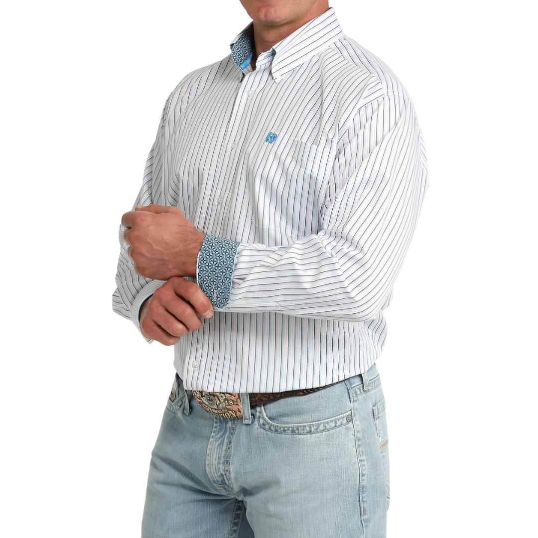 Cinch Men's White Stripe Print Button Down Shirt MTW1106085