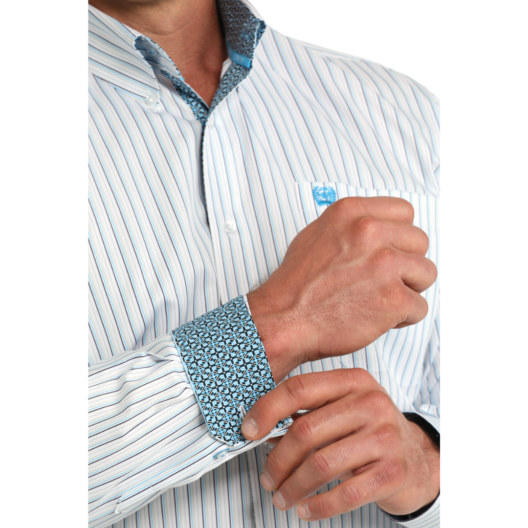Cinch Men's White Stripe Print Button Down Shirt MTW1106085