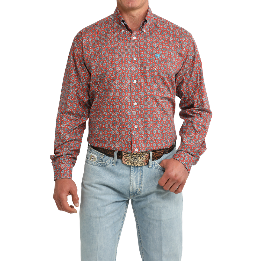Cinch Men's Red Geometric Print Button Down Shirt MTW1106097
