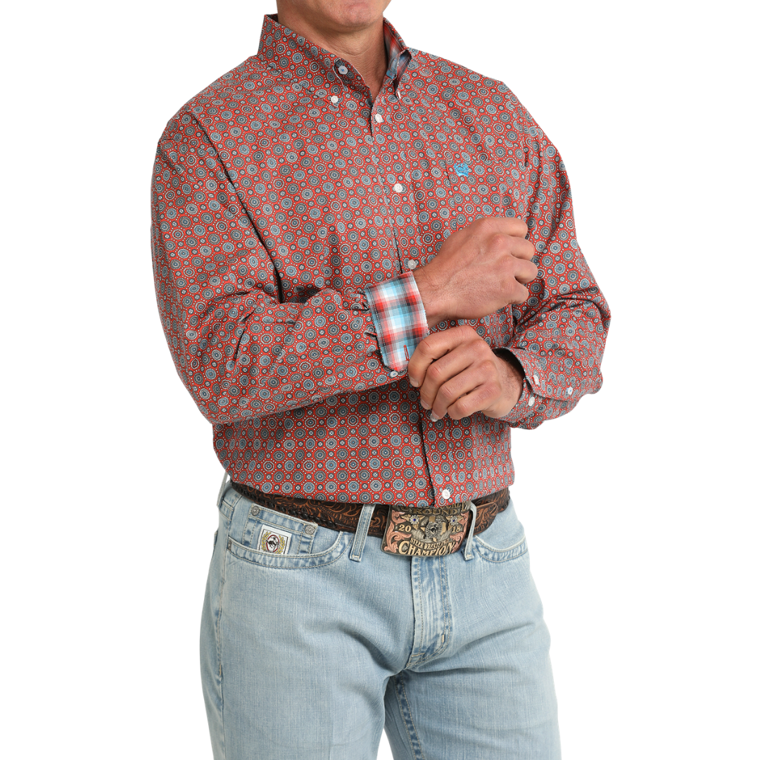 Cinch Men's Red Geometric Print Button Down Shirt MTW1106097