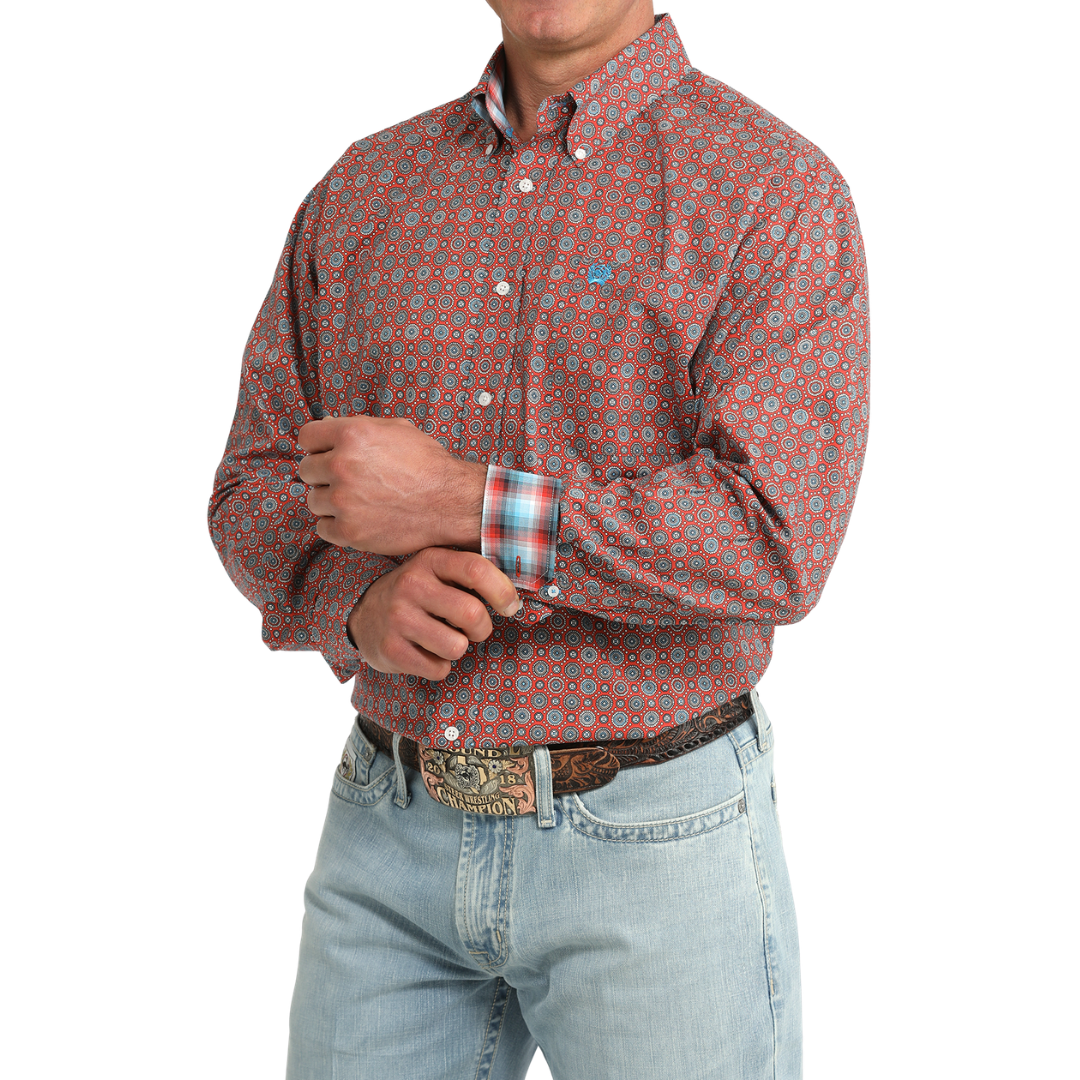 Cinch Men's Red Geometric Print Button Down Shirt MTW1106097