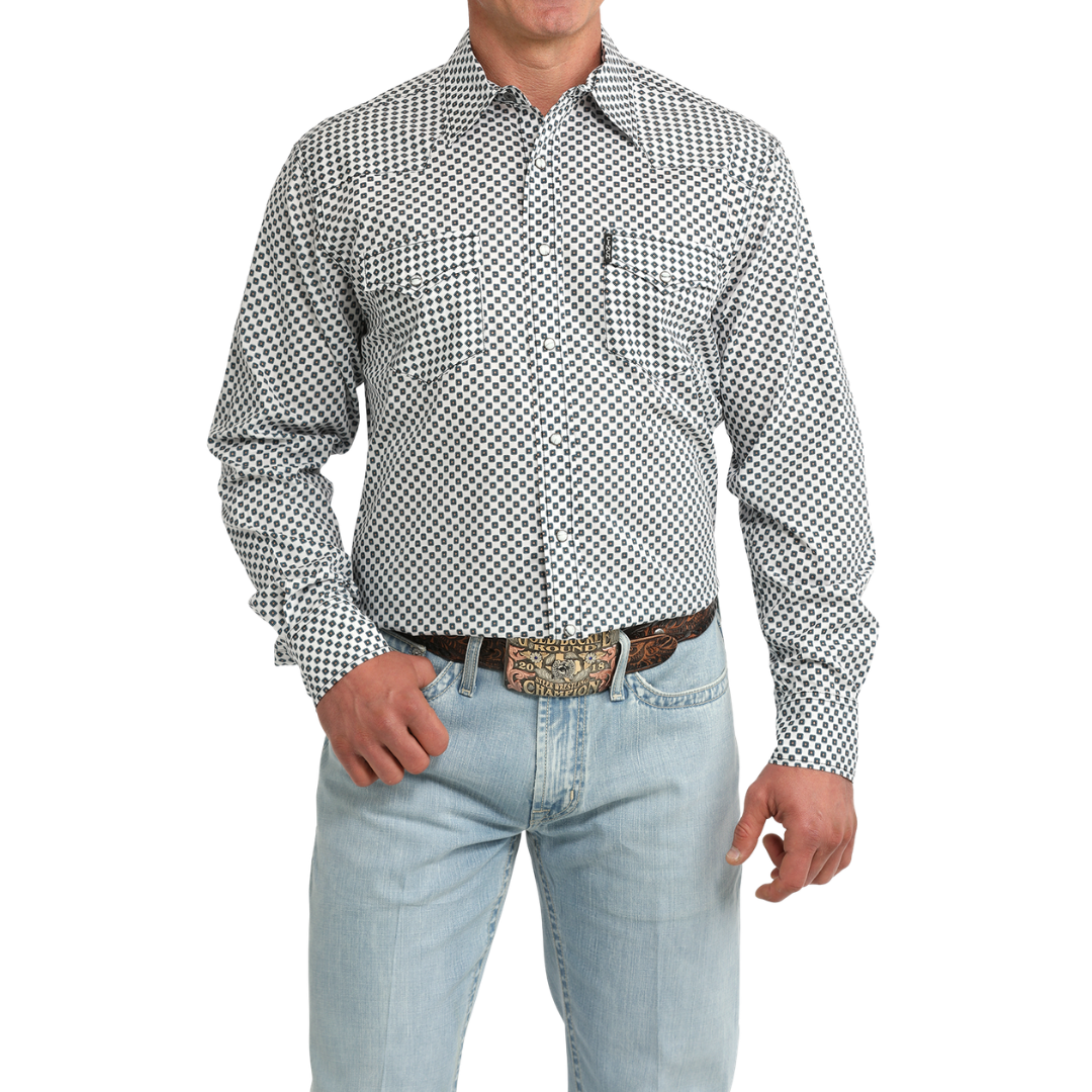 Cinch Men's White Geo Print Modern Snap Button Shirt MTW1303106