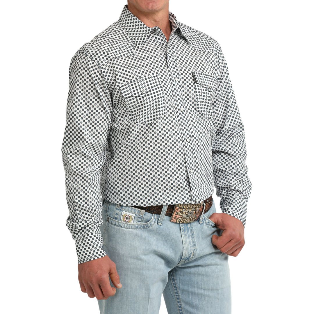 Cinch Men's White Geo Print Modern Snap Button Shirt MTW1303106
