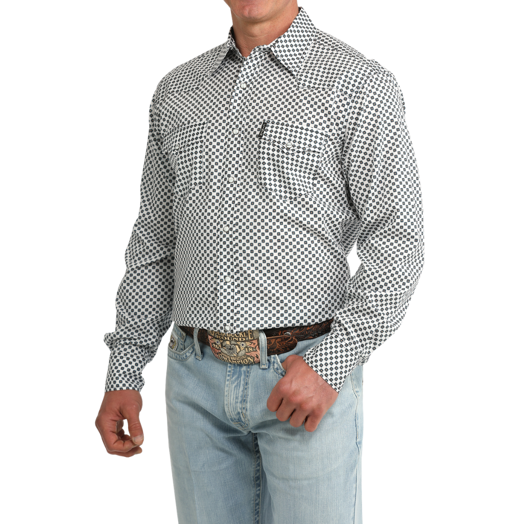 Cinch Men's White Geo Print Modern Snap Button Shirt MTW1303106