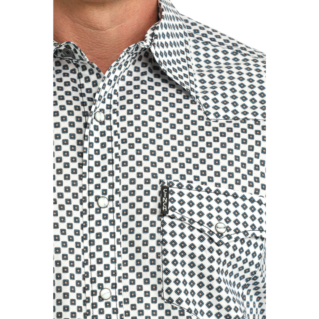 Cinch Men's White Geo Print Modern Snap Button Shirt MTW1303106
