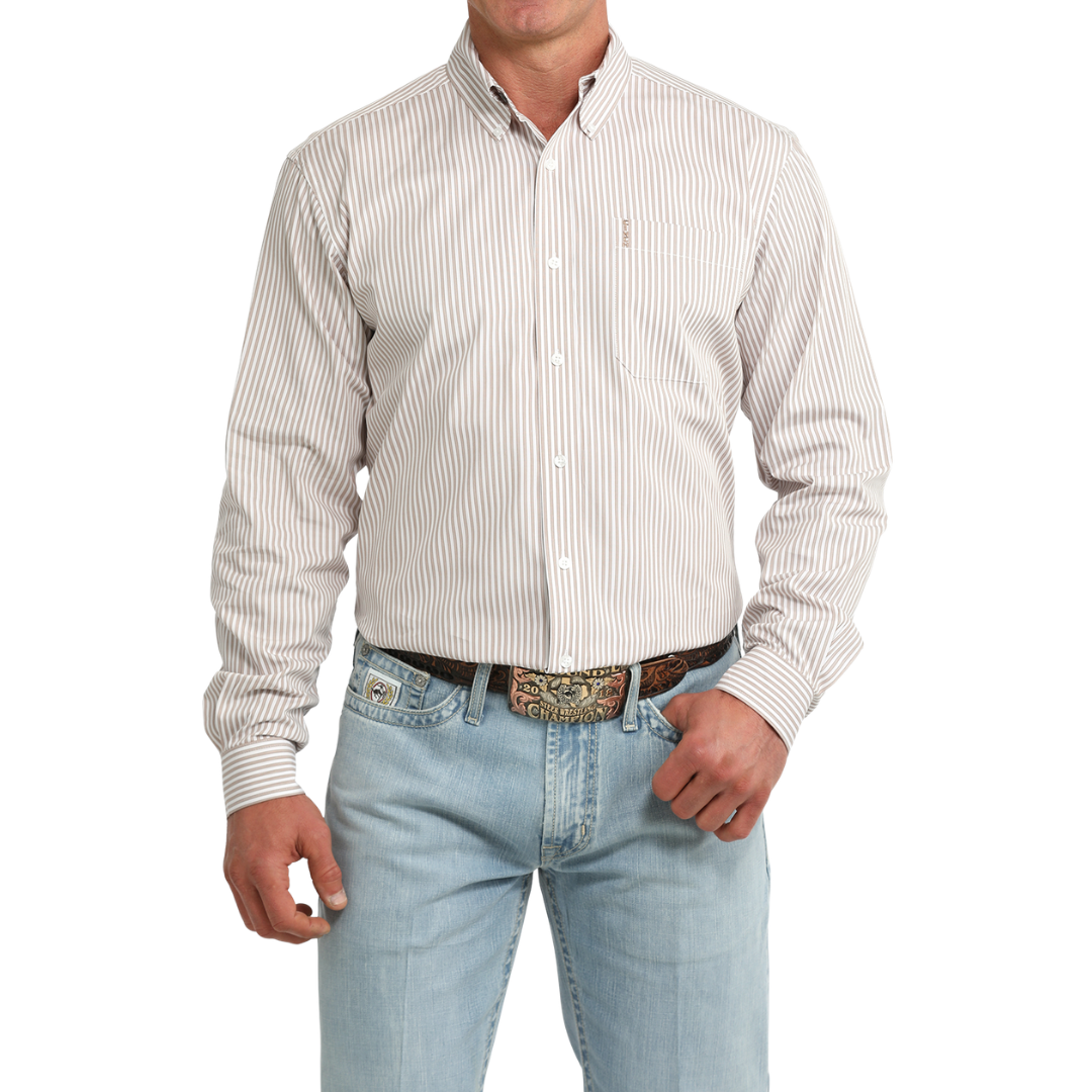 Cinch Men's White Stripe Print Modern Button Down Shirt MTW1347157