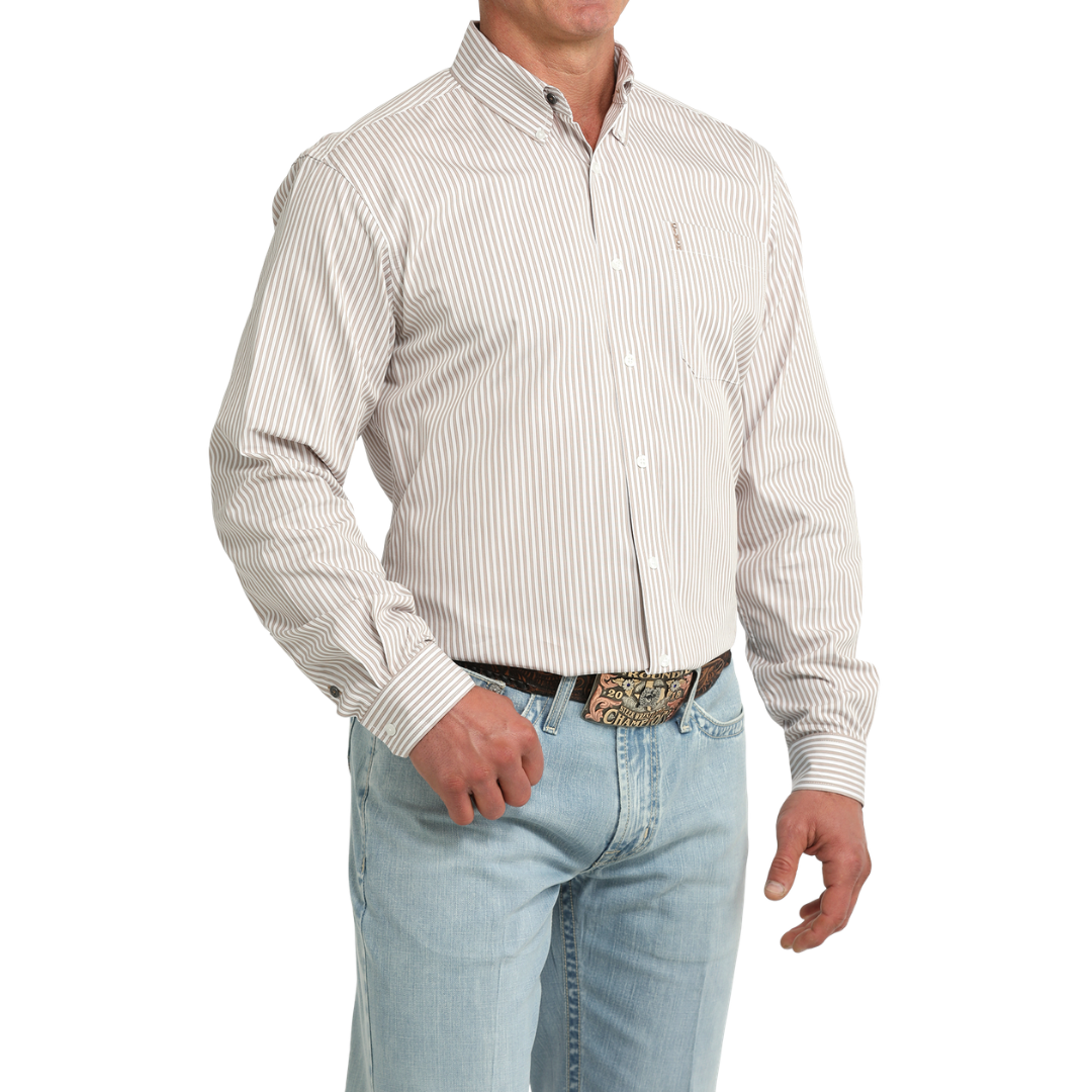 Cinch Men's White Stripe Print Modern Button Down Shirt MTW1347157