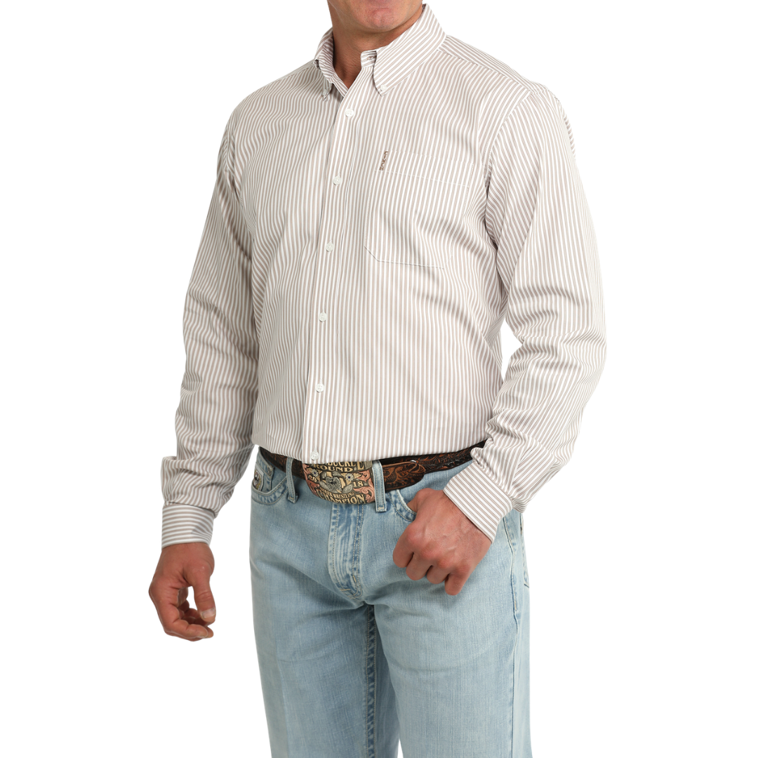 Cinch Men's White Stripe Print Modern Button Down Shirt MTW1347157