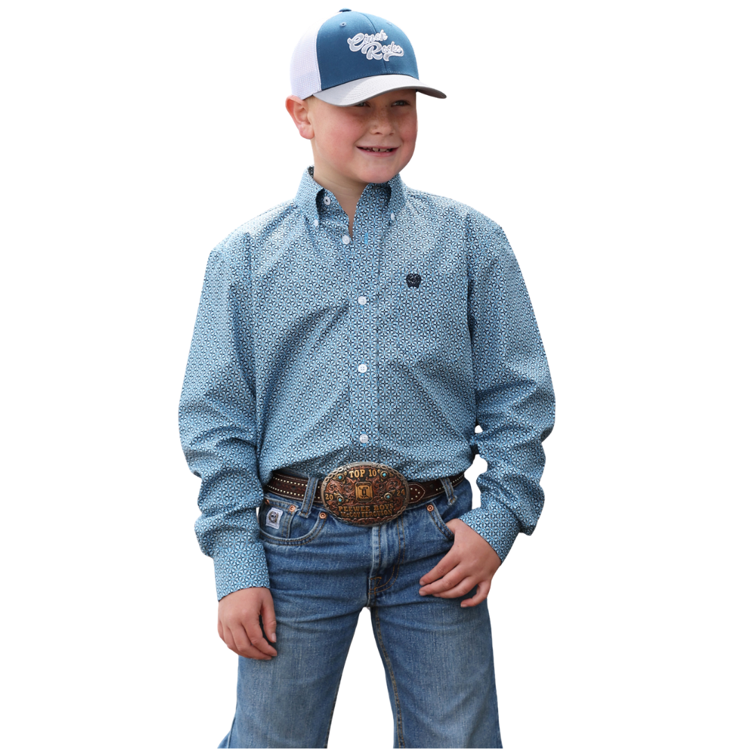 Cinch Youth Boy's Blue Geometric Print Button Down Shirt MTW7060417