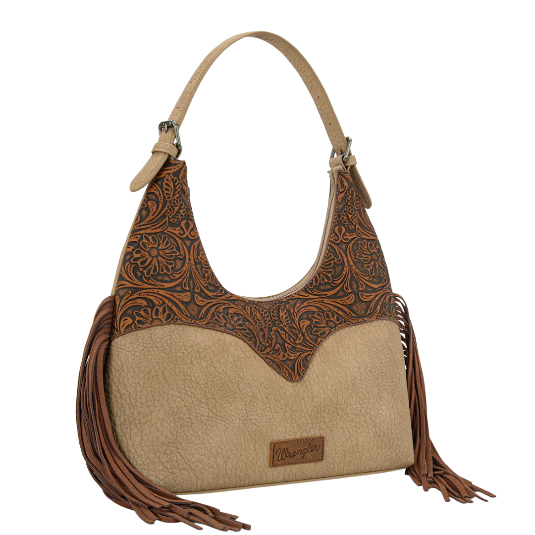 Wrangler Ladies Fringe Floral Tooled Hobo Bag Brown-Tan WG265-3027BR-TN
