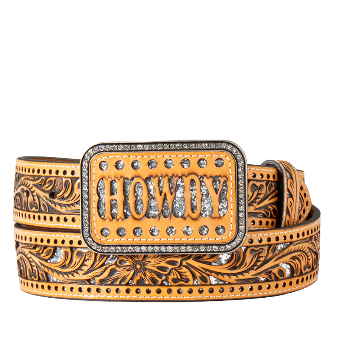 Angel Ranch Ladies Tan Floral Filigree & Glitter Western Belt D140007008