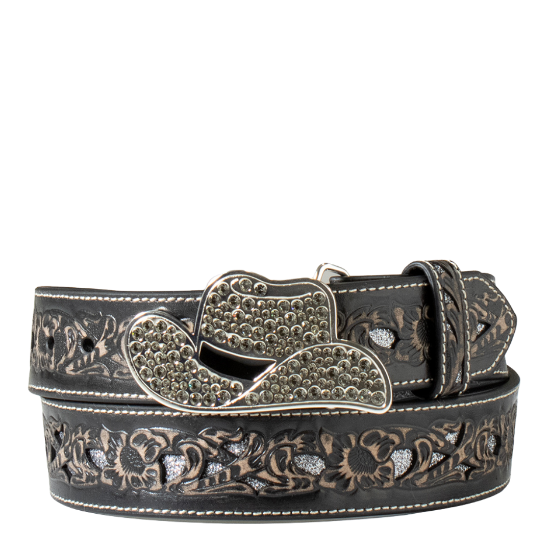 Angel Ranch Ladies Black Floral Filigree & Glitter Western Belt D140007601