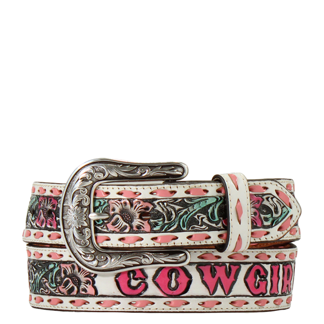 Angel Ranch Ladies Pink Cowgirl Floral Embossed Western Belt D140008730