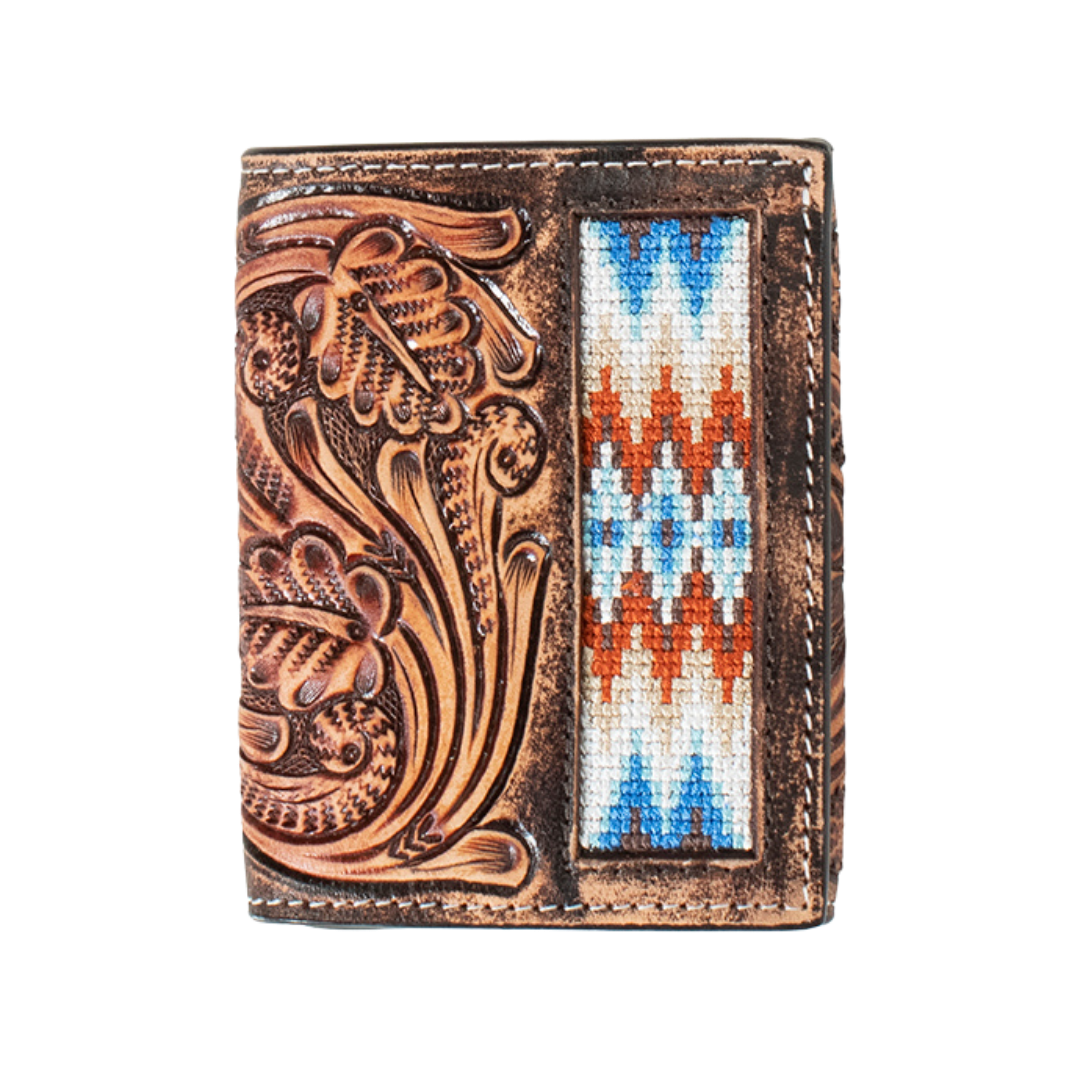 3D Belt Company Brown Hand Tooled & Scrolling Trifold Wallet D250010202