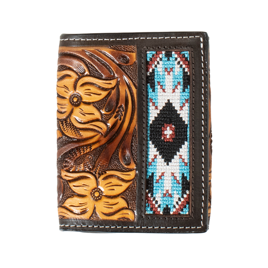 3D Belt Company Brown Hand Tooled Floral Trifold Wallet D250011002