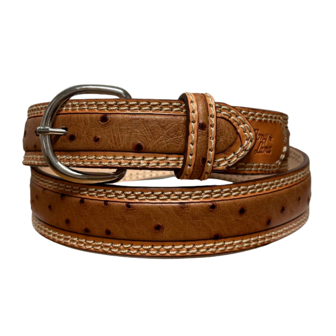 Tony Lama Men's Aged Bark Ostrich Double Stitch Stockman Belt 9347L