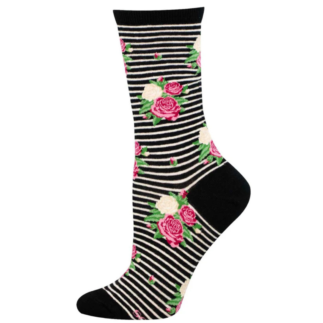 SockSmith Ladies Rows Of Roses Black Crew Socks WNC3809-BLK
