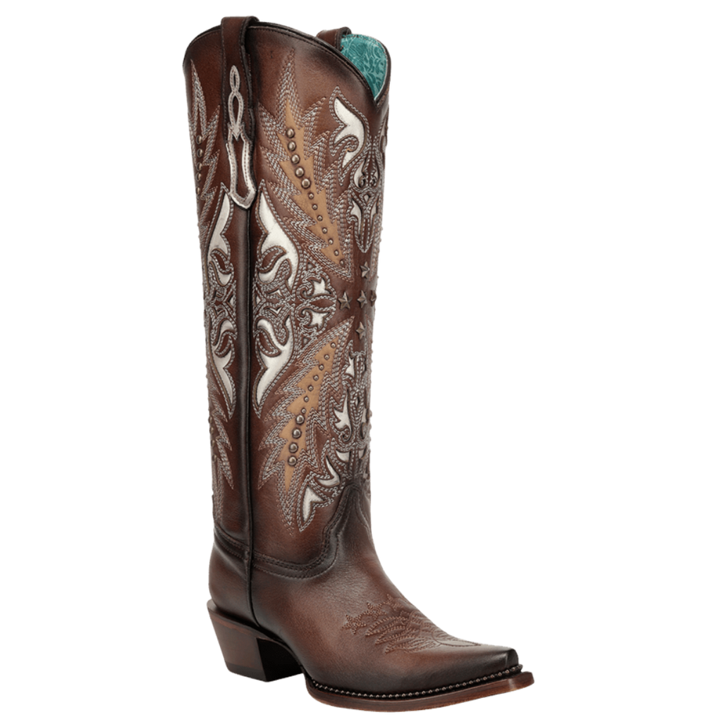 Corral Ladies Brown Inlay & Embroidery Metallic Welt Tall Western Boot