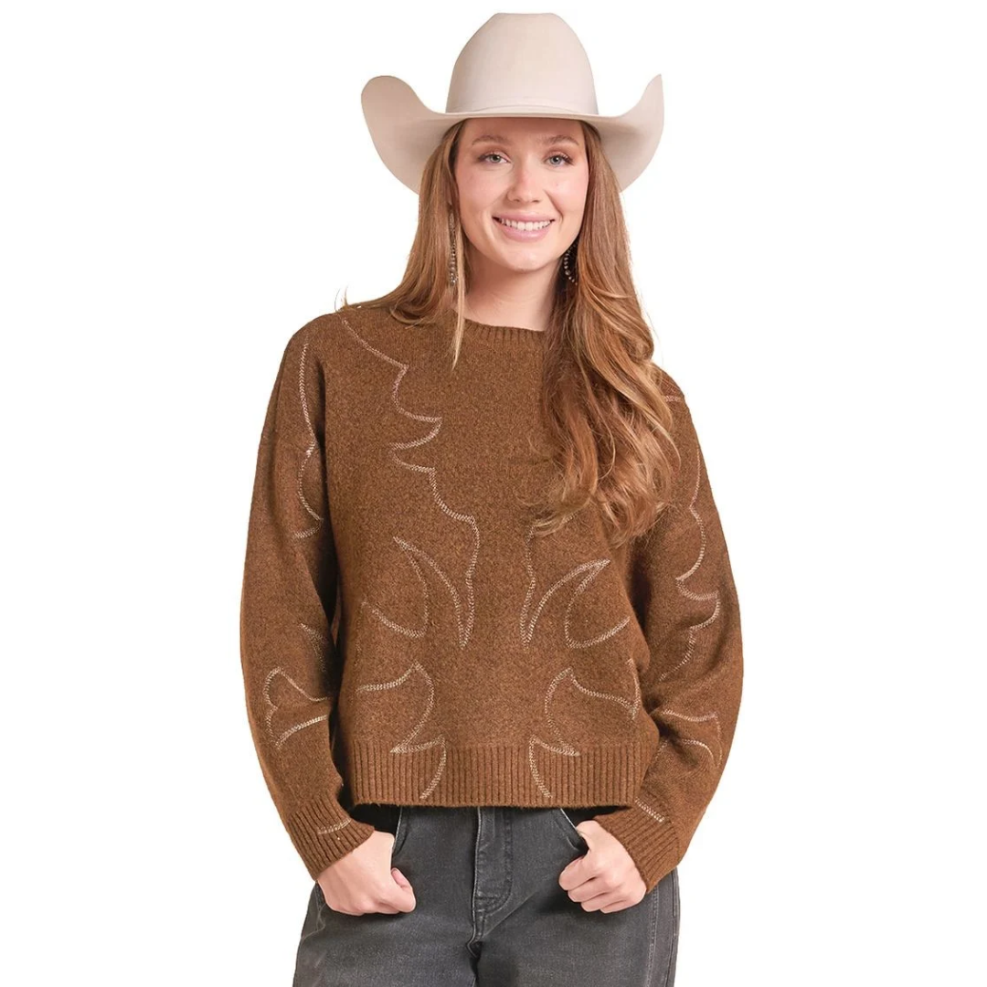 Rock & Roll Denim Ladies Rust Bootstitch Knit Sweater BW32T09400