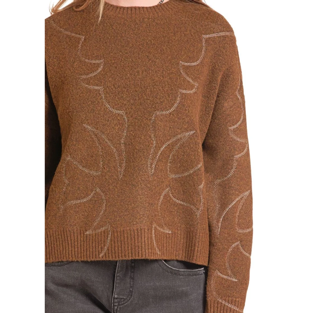 Rock & Roll Denim Ladies Rust Bootstitch Knit Sweater BW32T09400