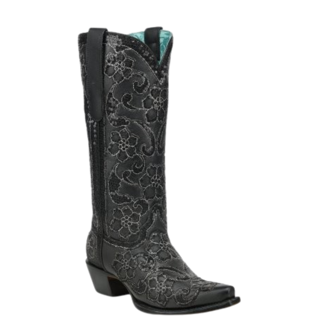 Corral Ladies Black Overlay & Sequin Embroidery Floral Western Boot A5145