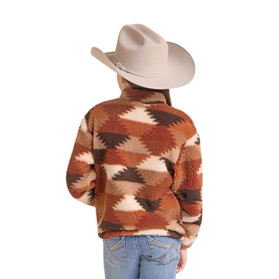Rock & Roll Denim Youth Girl's Brown Patch Hexagon 1/4 Zip Sherpa BG91C09371
