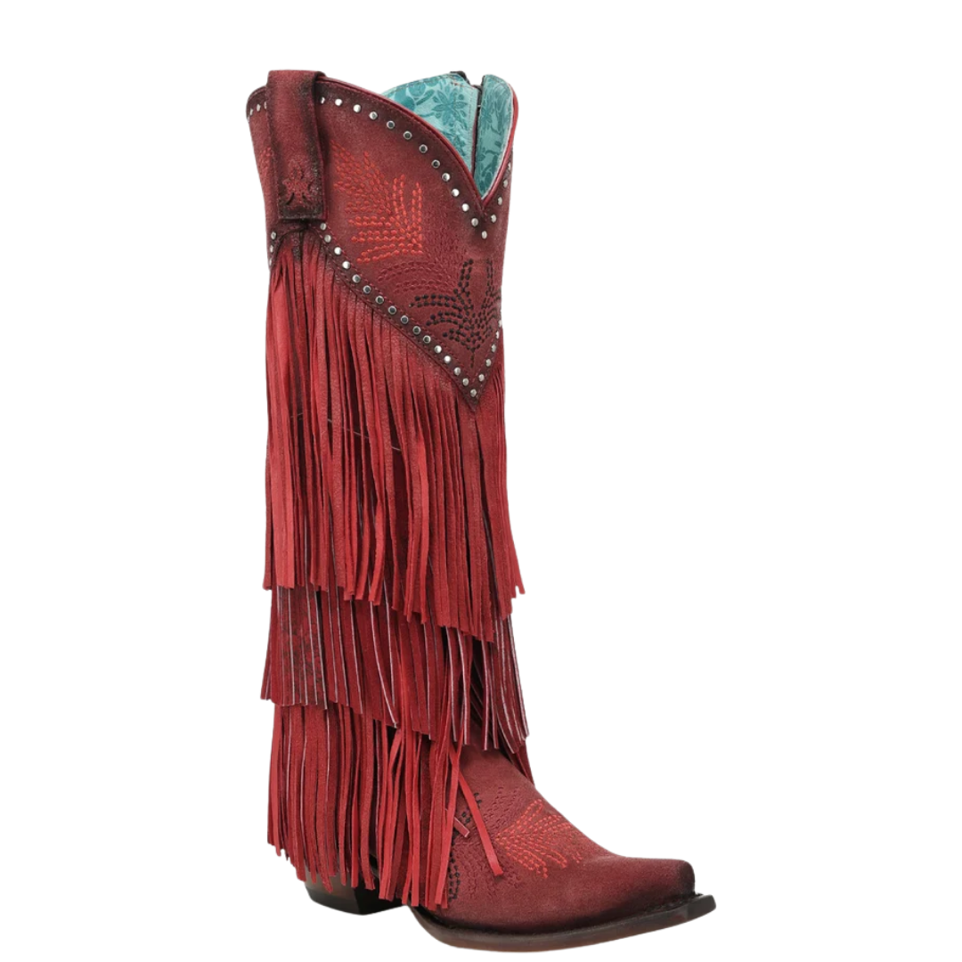 Corral Ladies Red Overlay & Embroidery Fringe Tall Top Western Boot A5245