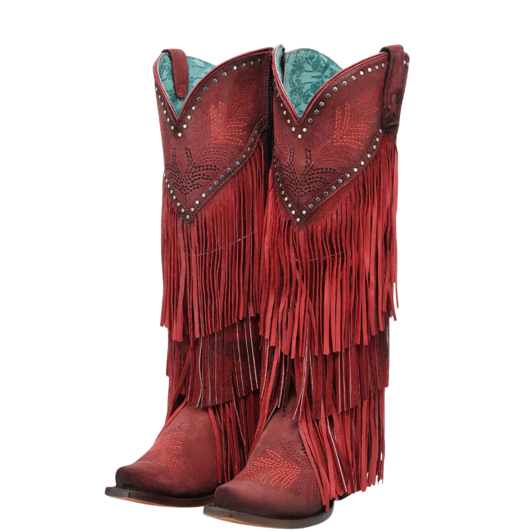 Corral Ladies Red Overlay & Embroidery Fringe Tall Top Western Boot A5245