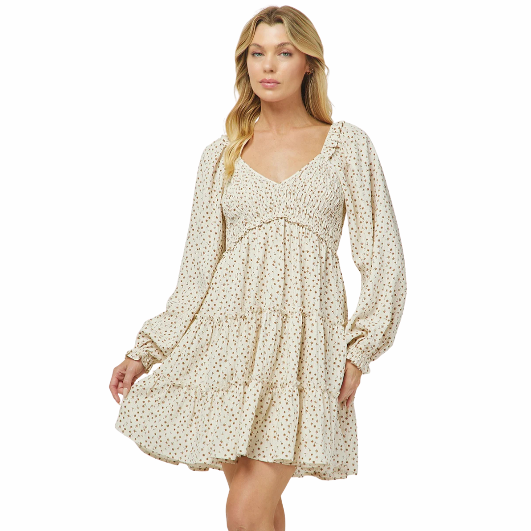 Yura Clothing Ladies Ditsy Floral Cream Tiered Mini Dress YD1528KJ01-CREAM