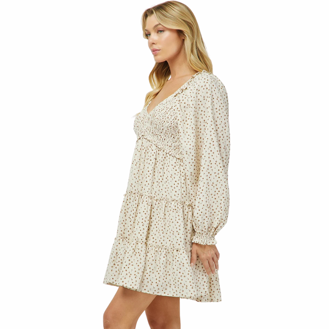 Yura Clothing Ladies Ditsy Floral Cream Tiered Mini Dress YD1528KJ01-CREAM