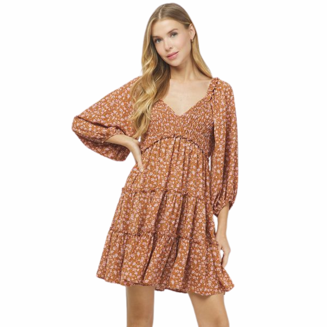 Yura Clothing Ladies Autumn Romance Rust Copper Floral Mini Dress YD1450KJ-RUST