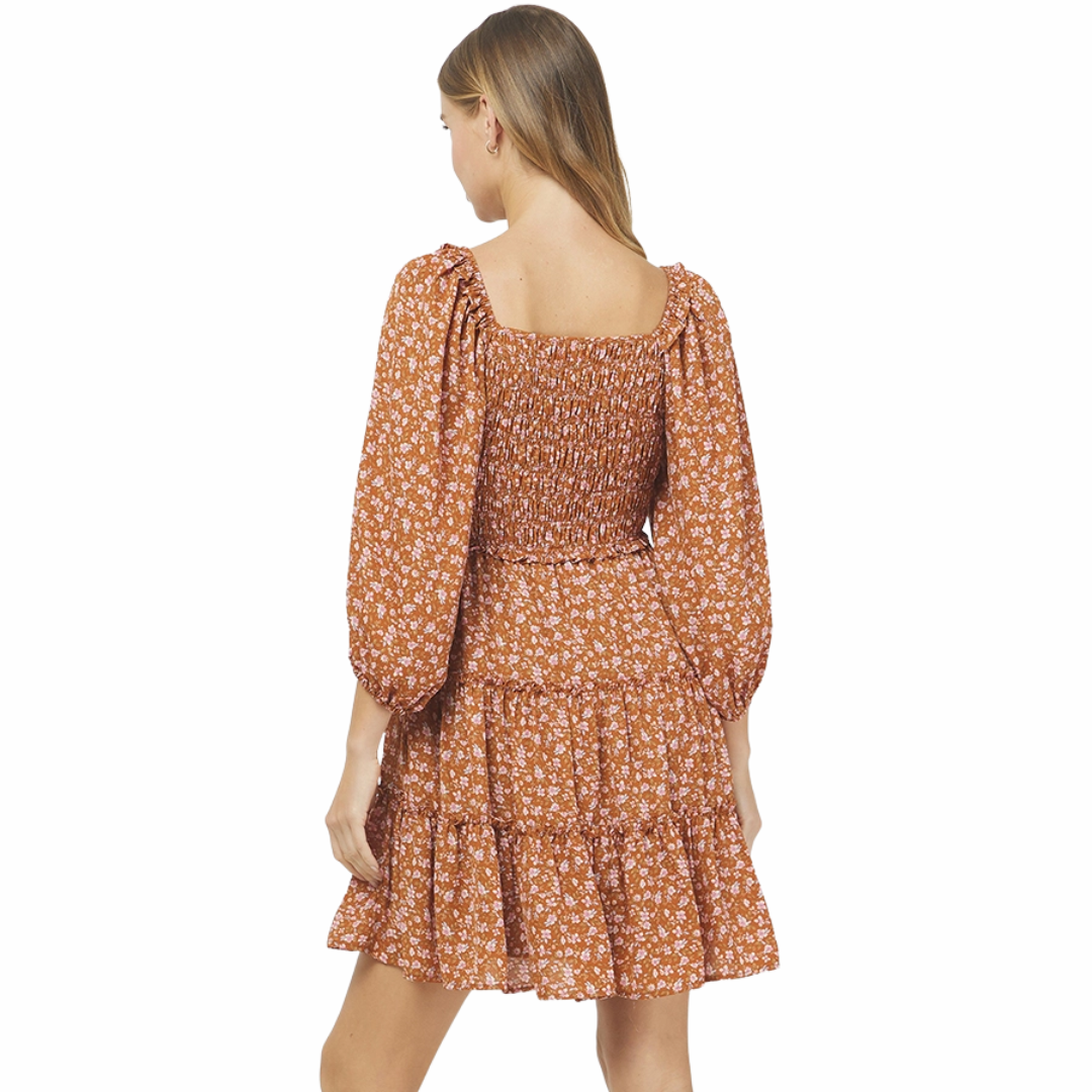 Yura Clothing Ladies Autumn Romance Rust Copper Floral Mini Dress YD1450KJ-RUST