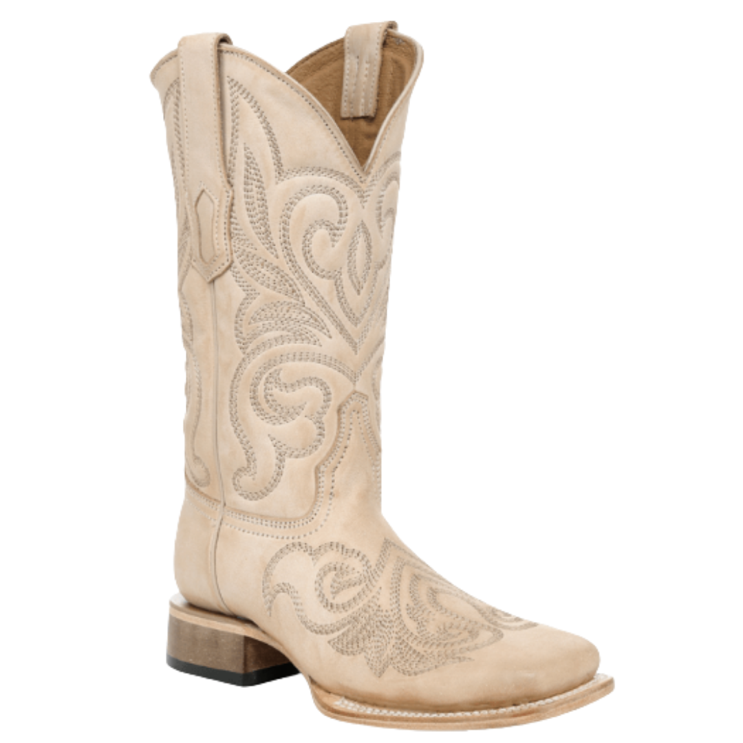 Circle G Ladies Bone Curved Embroidery Pattern Wide Square Toe Boot L6466