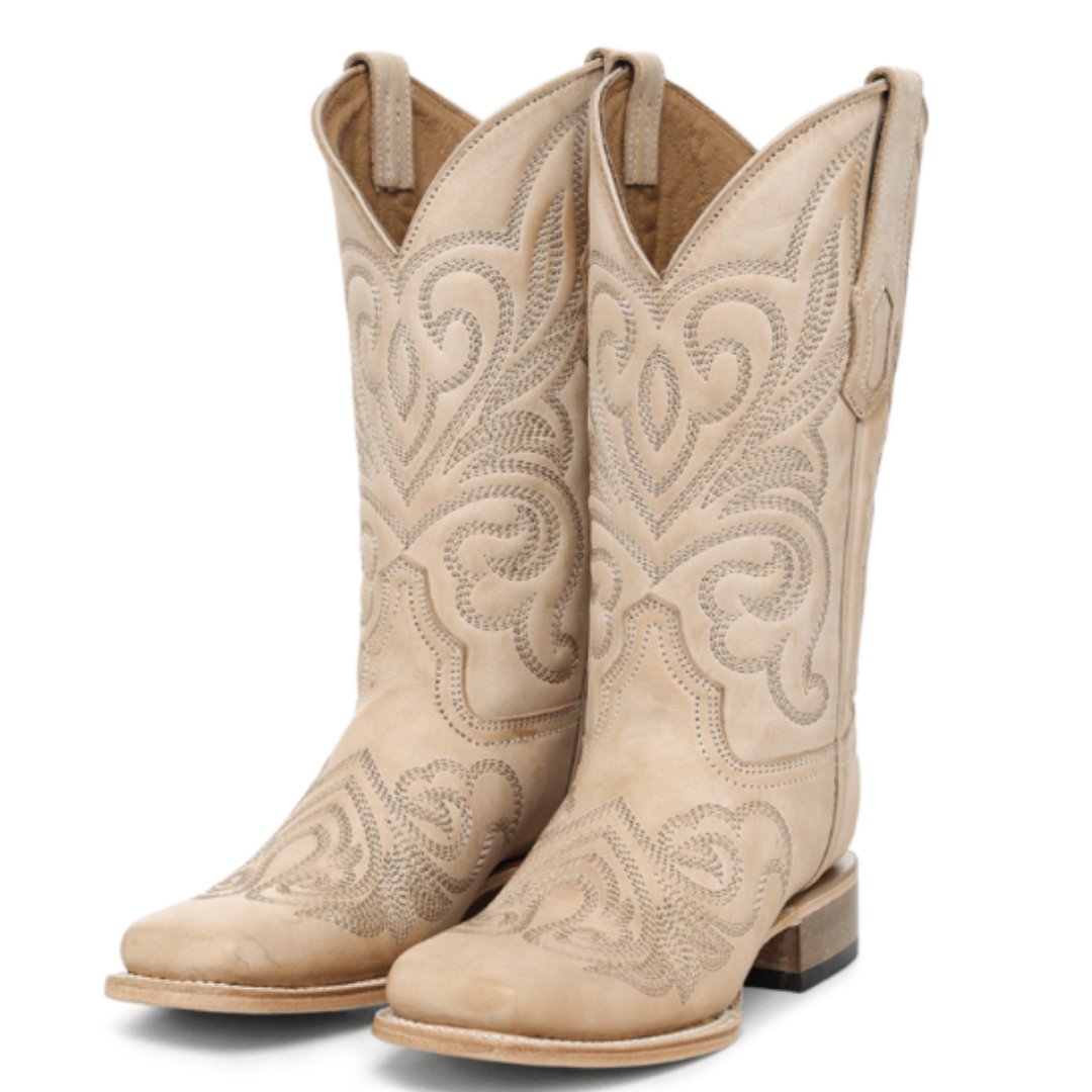 Circle G Ladies Bone Curved Embroidery Pattern Wide Square Toe Boot L6466