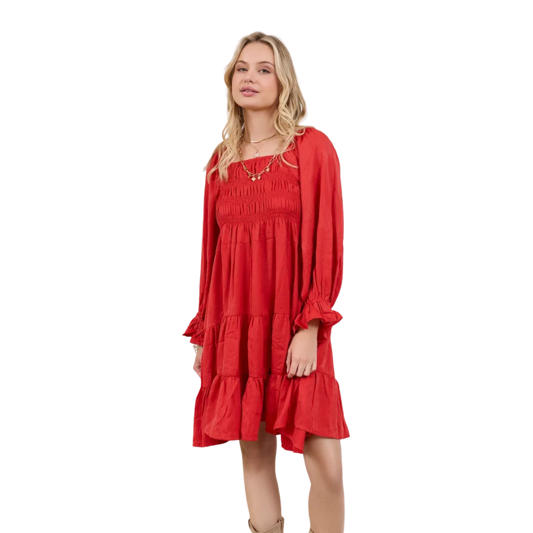 Myra Ladies Daisywood Ruffle Smocking Red Mini Dress BWE-12529-D-A