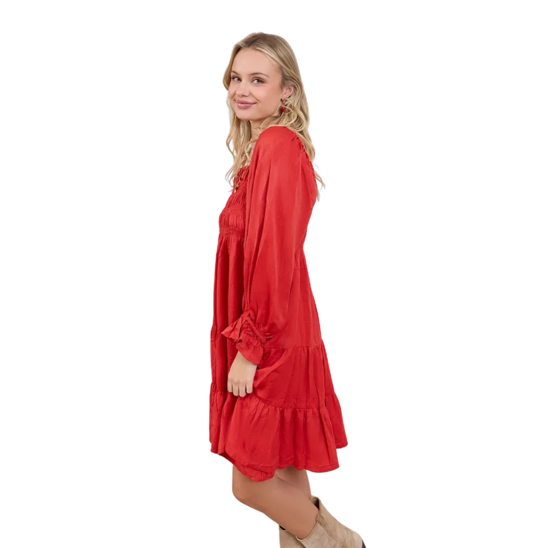 Myra Ladies Daisywood Ruffle Smocking Red Mini Dress BWE-12529-D-A