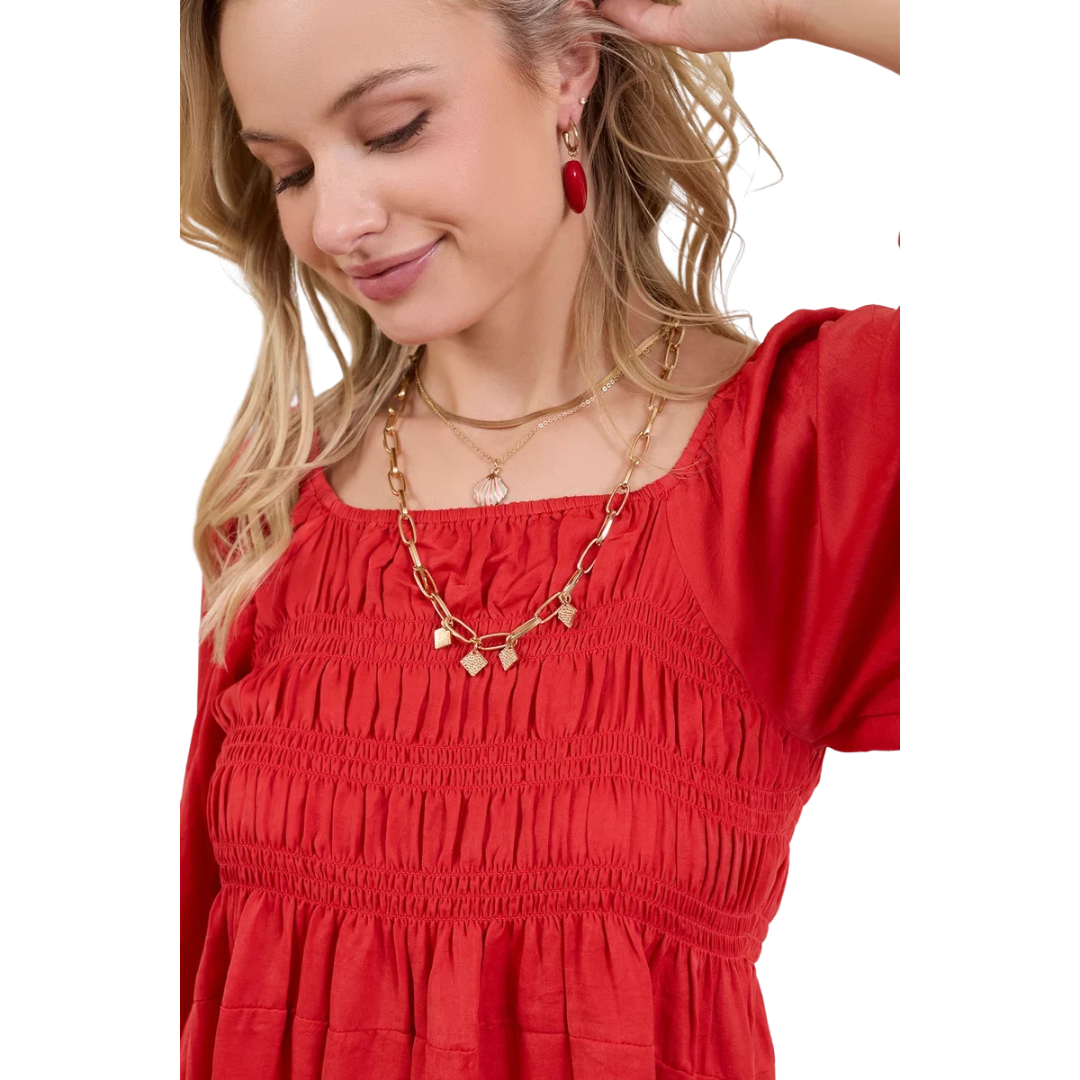 Myra Ladies Daisywood Ruffle Smocking Red Mini Dress BWE-12529-D-A