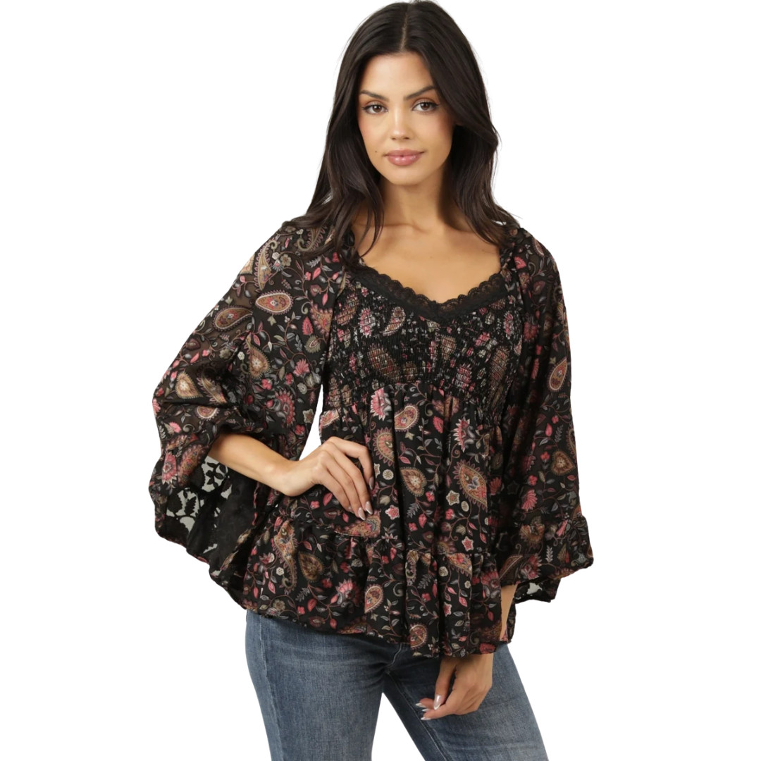 Angie Ladies Black Paisley Burnout Satin Bell Sleeve Lace Trim Blouse C2E10-SN45