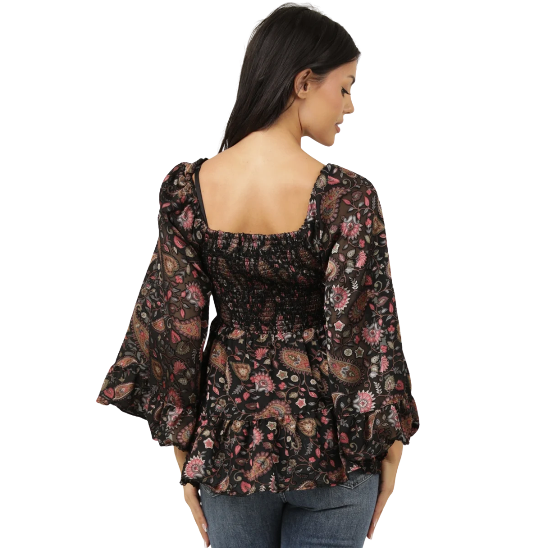 Angie Ladies Black Paisley Burnout Satin Bell Sleeve Lace Trim Blouse C2E10-SN45