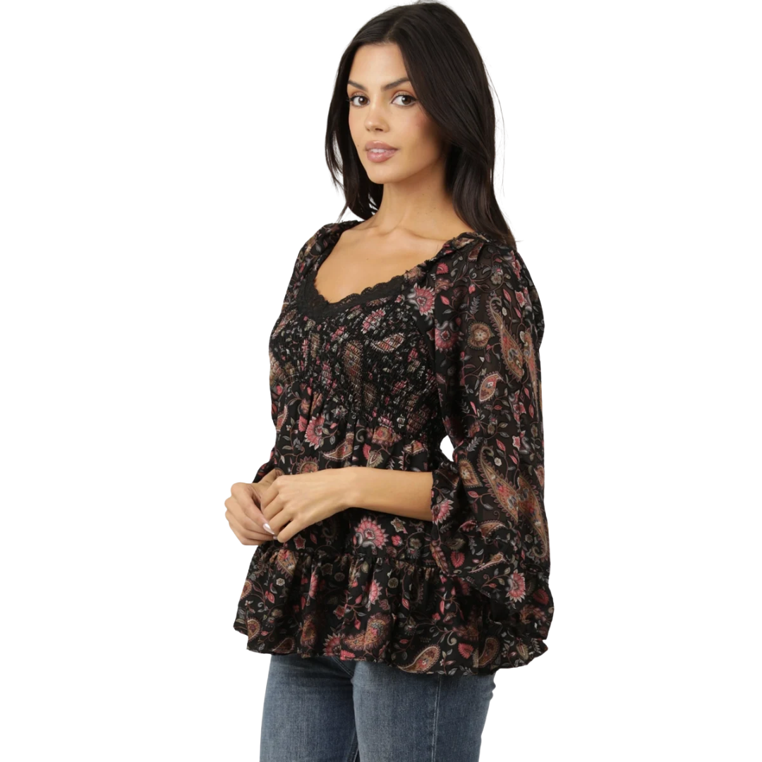 Angie Ladies Black Paisley Burnout Satin Bell Sleeve Lace Trim Blouse C2E10-SN45