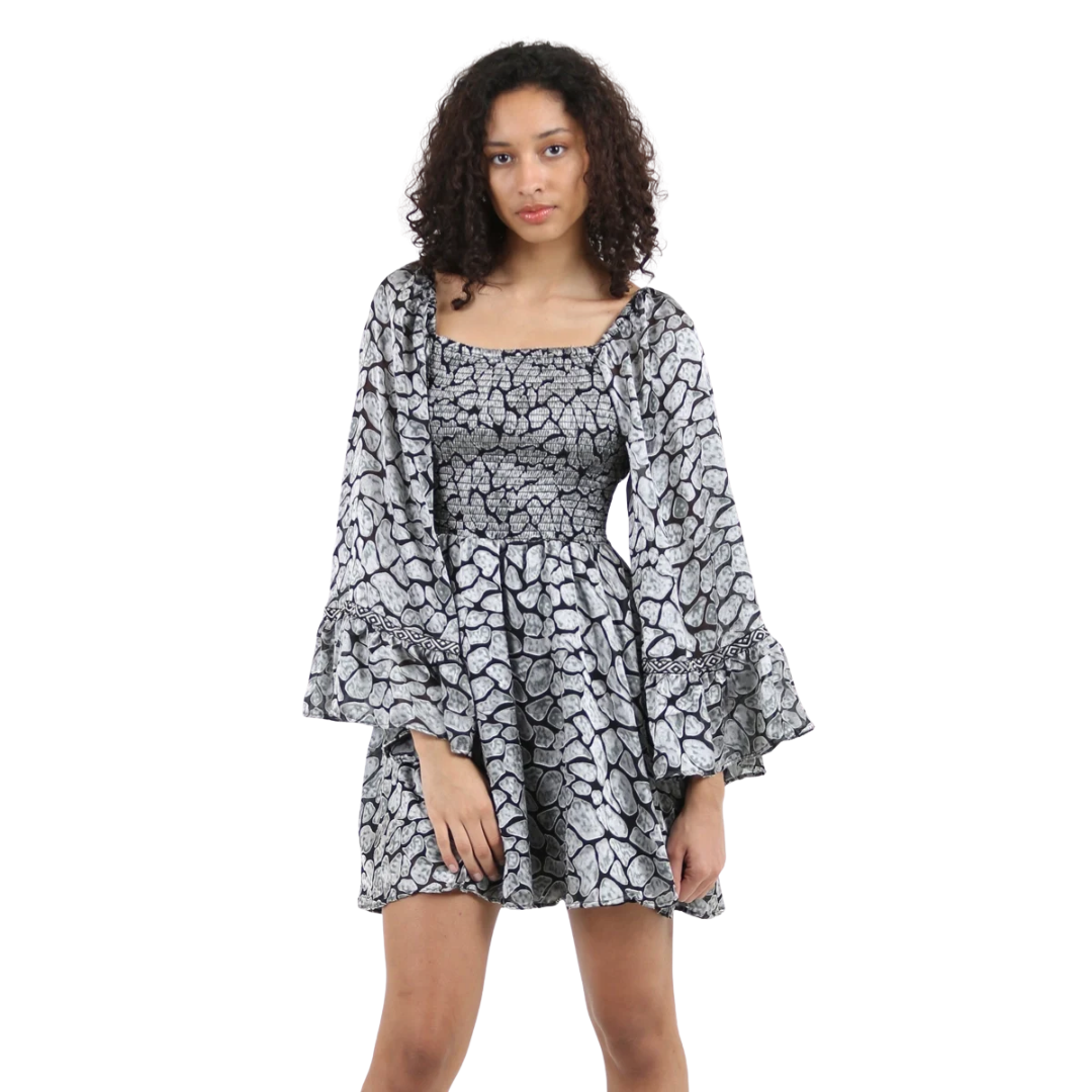 Angie Ladies Metallic Print Flare Sleeve Mini Dress C4470-RU20