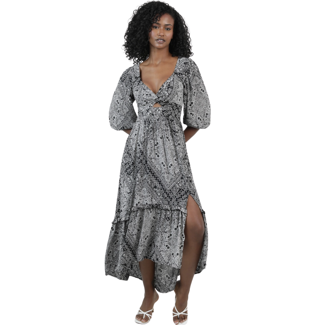 Angie Ladies Black Bandana Print Twist Front Maxi Dress C4A42-AA10