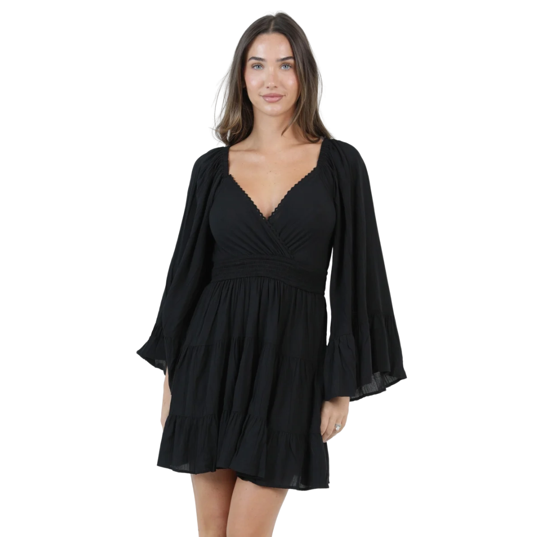 Angie Ladies Black Wide Bell Sleeve Tiered Mini Dress C4G67-ASIS