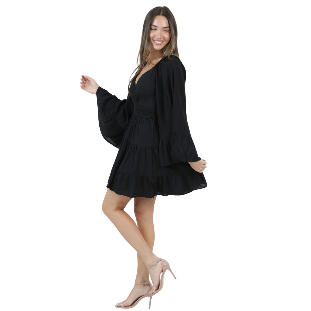 Angie Ladies Black Wide Bell Sleeve Tiered Mini Dress C4G67-ASIS