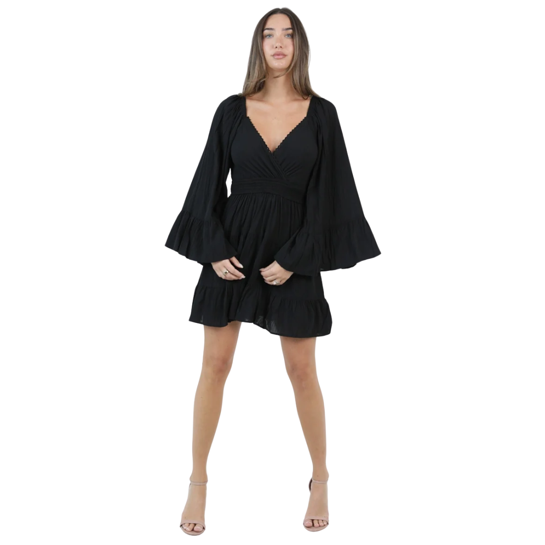 Angie Ladies Black Wide Bell Sleeve Tiered Mini Dress C4G67-ASIS