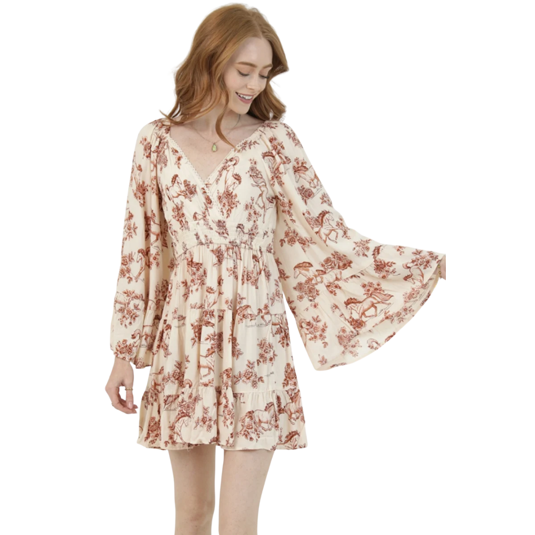 Angie Ladies Ivory Horse Print Wide Bell Sleeve Tiered Mini Dress C4G67-WB49