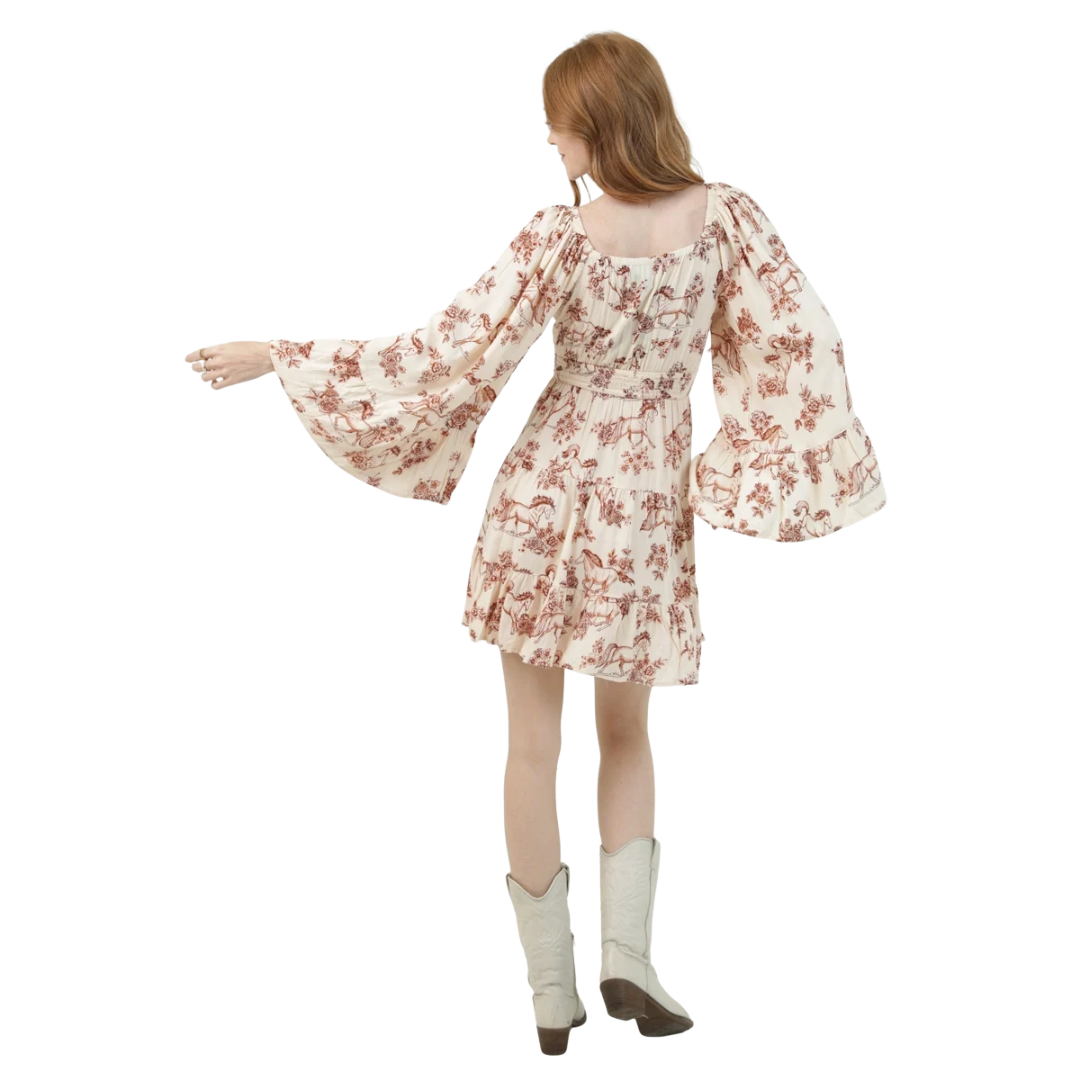 Angie Ladies Ivory Horse Print Wide Bell Sleeve Tiered Mini Dress C4G67-WB49